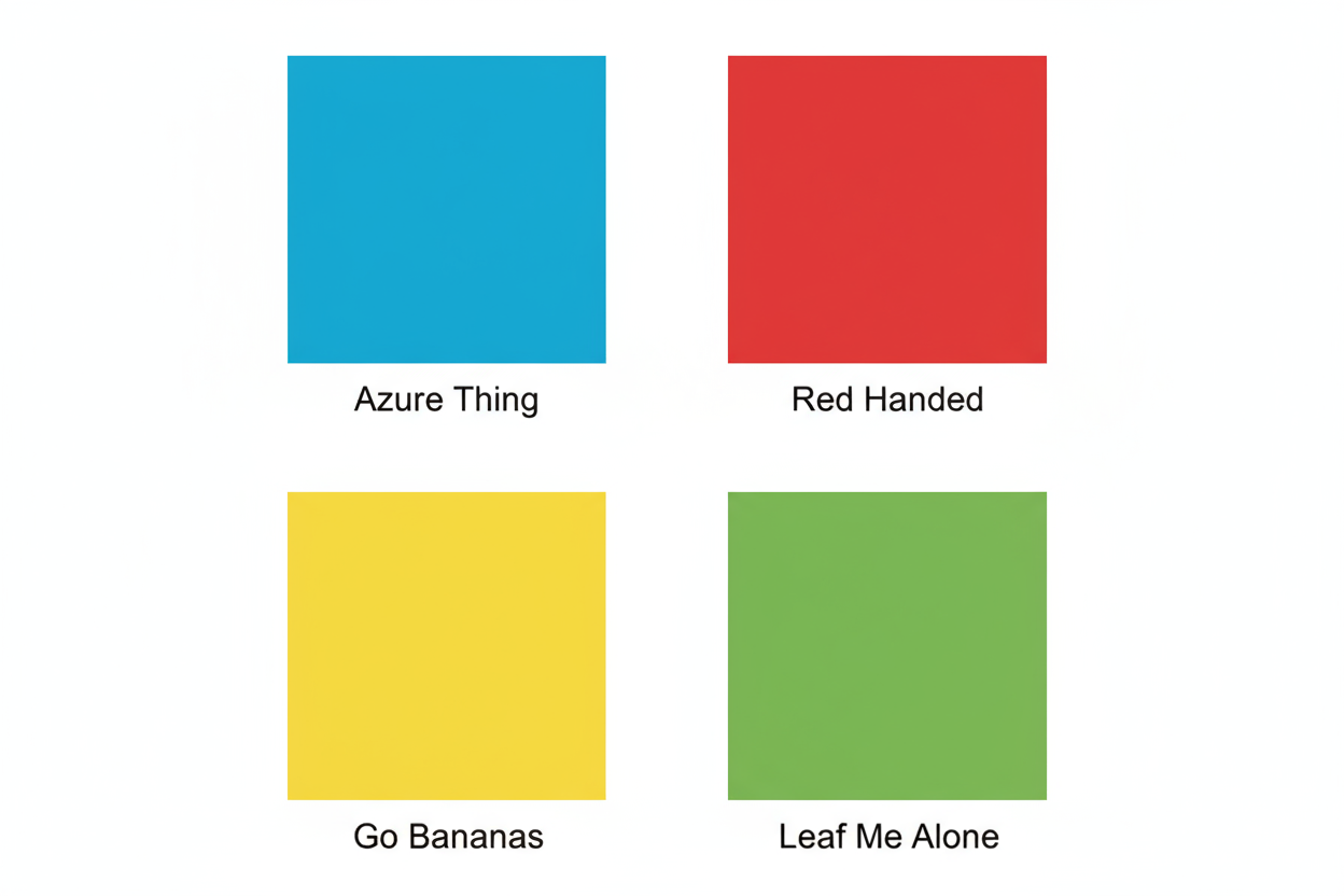 Color swatches in 2x2 grid for Azure Thing, Red Handed, Go Bananas, and Leaf Me Alone
