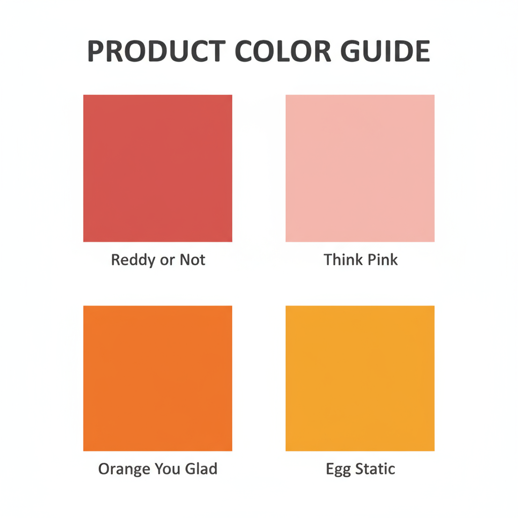 Color swatches in 2x2 grid for Reddy or Not, Think Pink, Orange You Glad, and Egg Static