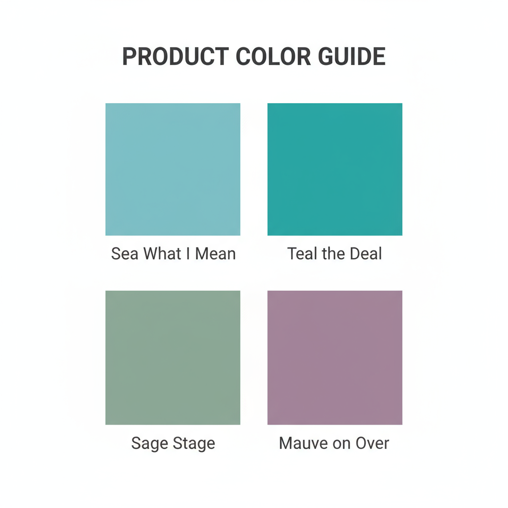 Color swatches in 2x2 grid for Sea What I Mean, Teal the Deal, Sage Stage, and Mauve on Over